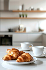 Cups of coffee and fresh croissant on white table
