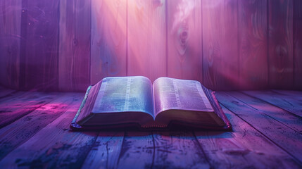 an open Bible on a wooden surface sets a serene tone for Holy Week in warm purple hues