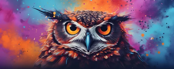 Poster Colorful owl painted with splattered paint technique on vibrant background. Concept Art, Paint techniques, Animals, Colorful, Owl © Ян Заболотний