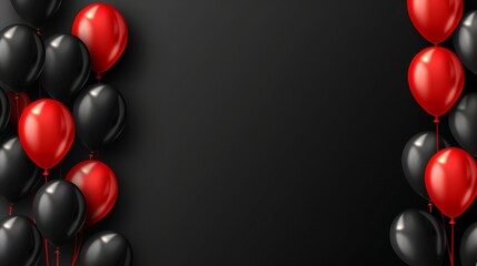 Black friday sale ad with red and black balloons on dark background, text space, shopping theme.