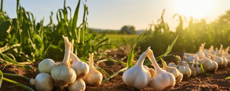 Fresh garlic in the field. Growing vegetables. Generative AI.