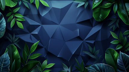 In shades of deep navy, a triangulated surface adorned with vibrant green foliage offers a harmonious fusion of artistry and natural beauty - obrazy, fototapety, plakaty
