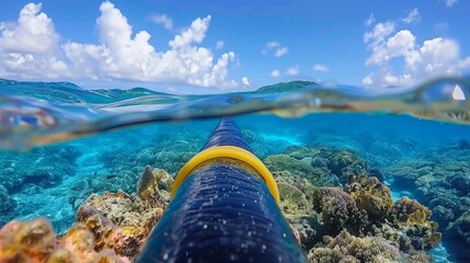 Underwater internet fiber optic cable on ocean floor providing high speed connectivity in deep sea. - obrazy, fototapety, plakaty