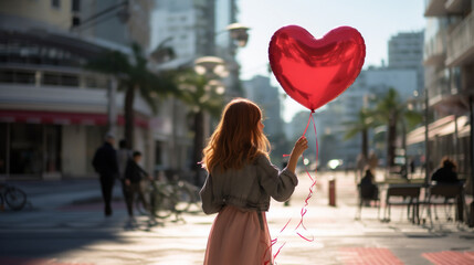 Chica con un globo rojo, amor - obrazy, fototapety, plakaty