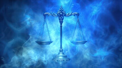 Scales of justice on futuristic modern digital blue background created with Generative AI - obrazy, fototapety, plakaty