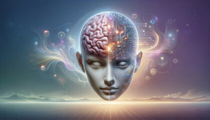 Futuristic brain-circuit merging AI and neuroscience in harmonious synergy.