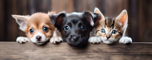 Adorable puppies and kittens peeking playfully from behind a wooden banner. Concept Pet Photography, Playful Animals, Banner Props, Adorable Puppies, Cute Kittens