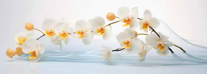 A graceful cascade of pale yellow orchids flows across a pristine background, their blossoms and buds creating a delicate wave of floral elegance.