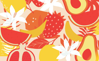 Poster with abstract fruits and berries. Summer Hand drawn vector template