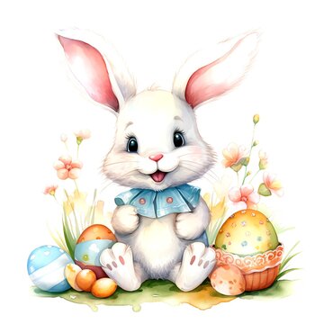 Cute Easter Bunny, Watercolor. Illustration of the Easter bunny sitting in a clearing with Easter eggs. AI generated