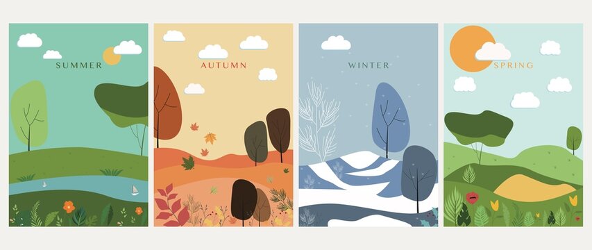 Vector posters. Illustrations of the four seasons are summer, autumn, winter, spring. Flat style. Banners for books, social networks, wallpapers, notebooks, pictures for decoration, educational books.