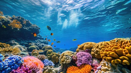 An underwater coral reef scene, diverse marine life, vivid colors, showcasing the beauty and diversity of ocean life. Underwater photography, coral reef ecosystem, diverse marine life,. Resplendent.