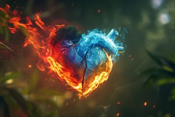A heart split into blue and red halves, both engulfed in flames, set against a blurred backdrop of a lush, green forest. The natural lighting highlights the vibrant colors and intense flames.
