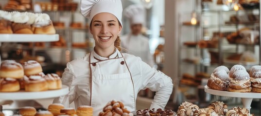 Female pastry chef crafting sweet treats in bright shop, with copy space, culinary artistry concept.