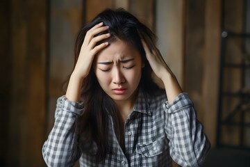 Stressed Asian woman experiences headache and emotional distress seeking relief from troubles. Concept Stress Management, Mental Health, Emotional Well-being, Headache Relief, Asian Women