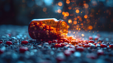 prescription pill bottle spilling out an assortment of pills