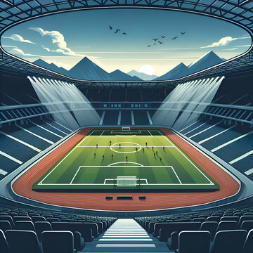 Inside of a Soccer Stadium with Empty Stands, Birds Flying