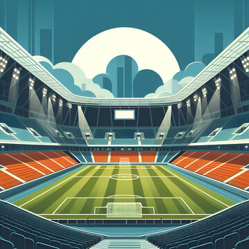Inside of a Soccer Stadium with Empty Stands, Cloudy Sky and Buildings Background