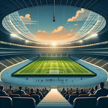 Inside of a Soccer Stadium with Empty Stands, Cloudy Day