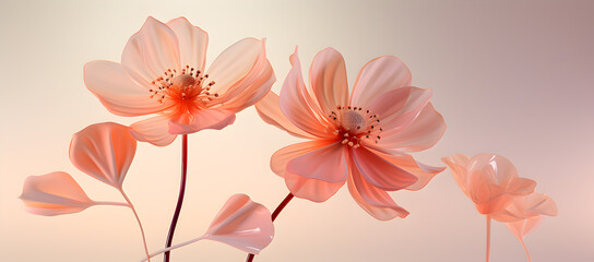 Naklejka premium A trio of blossoming flowers in soft coral hues, with delicate petals unfurling against a warm beige backdrop.