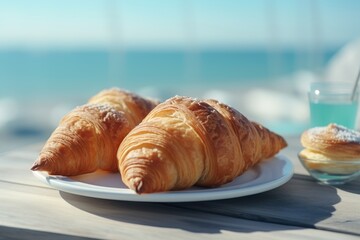 Romantic breakfast with coffee and croissants on balcony overlooking turquoise sea, travel concept
