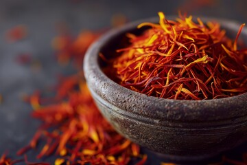 Fototapeta premium Saffron in a clay bowl on a wooden table with scattered seasoning nearby