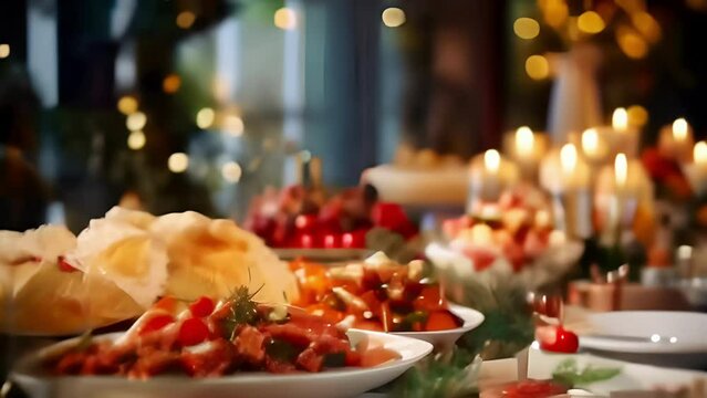 dining table full of dishes with food and snacks, holiday decor with a Christmas tree in the background. Buffet or catering concept.
