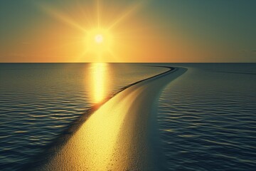 A highway across the sea leading straight to a vibrant sunrise, with the early light reflecting off the calm water and creating a pathway of light.