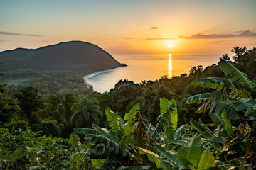 Guadeloupe, a Caribbean island in the French Antilles. Landscape and view from a mountain of the Grande Anse beach on Basse-Terre. A secluded bay, lots of nature and mangroves, at sunrise.