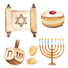 Jewish religion symbols like sufganiyot and dreidel for Israeli holidays like Hanukkah watercolor illustration
- 738911123