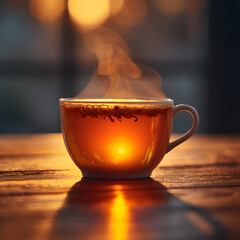 A Cup of freshly brewed black tea,escaping steam,warm soft light, darker background. - obrazy, fototapety, plakaty