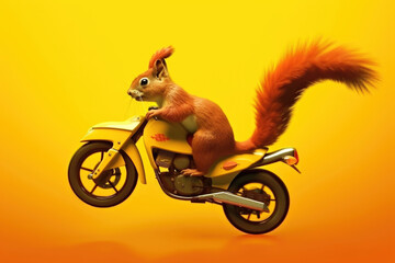 Funny red squirrel rides a sports bike on an isolated yellow-orange gradient background.