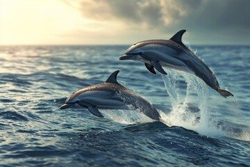 Fototapeta premium Dolphins bursting out from the sea