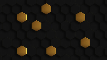 Presentation background with Hive and Abstract Technology, Futuristic Digital Hi-Tech Concept. Abstract Black and Gold Hexagonal Background. Luxury gold Pattern.