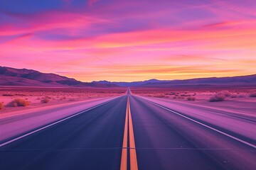 A lone highway heading straight into a captivating sunset, with the desert sky painted in pastel...