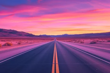 Fototapeten A lone highway heading straight into a captivating sunset, with the desert sky painted in pastel shades of pink and purple. The lighting is gentle and ethereal, creating a dreamlike desert scene. © SardarMuhammad