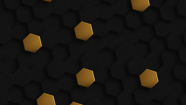 Tilt background Hive with gold texture rendered in black hexon and Abstract black and gold hexagon pattern background. Modern overlay geometric texture creative design. Luxury and elegant style.