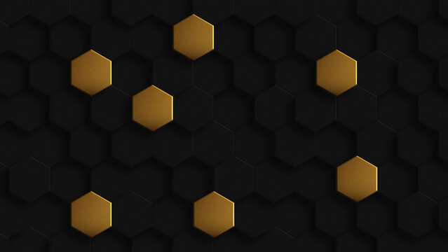 Presentation background with Hive and Abstract Technology, Futuristic Digital Hi-Tech Concept. Abstract Black and Gold Hexagonal Background. Luxury gold Pattern.