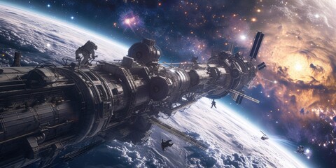 A space station orbiting a distant planet, astronauts conducting spacewalks, and star-filled background. Resplendent.