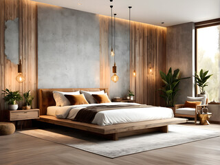Boho Bedroom Artistry - Wood & Concrete Panels Craft Modern Masterpiece

