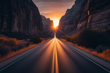 A long, straight highway stretching towards a stunning sunrise nestled between towering mountains, with the first light of day casting a golden hue on the landscape.