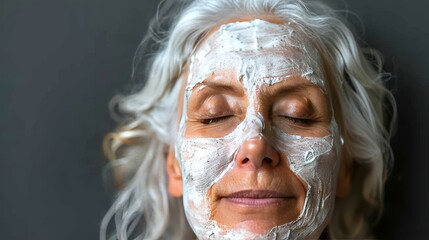 Senior woman relaxing with eyes closed in spa, white facial mask for skincare and mental health