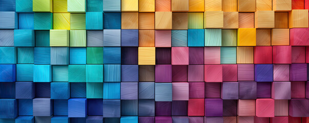 Colored wooden cubes wall. Abstract geometric rainbow blocks. wide banner - obrazy, fototapety, plakaty