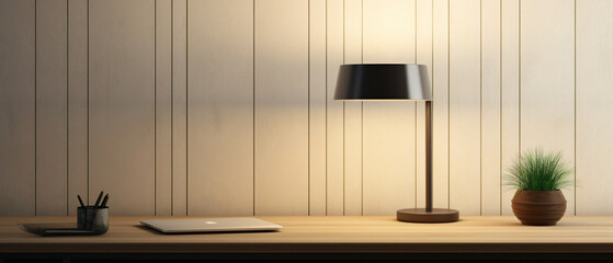 A sleek and minimalistic desk lamp in a neutral color, illuminated with a warm light.