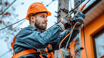 Electrician repairing high voltage power lines on transmission tower in dangerous work environment - obrazy, fototapety, plakaty