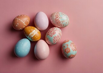 Fototapeta na wymiar Handmade decorated Easter eggs on pink background