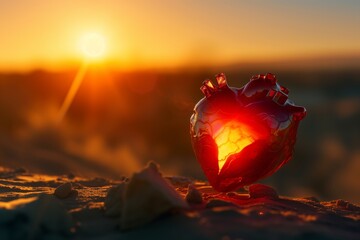 A red heart caught in a blaze, set against a blurred background of a sun setting over a desert landscape. The lighting captures the fiery hues of the sunset, enhancing the heart's flames.