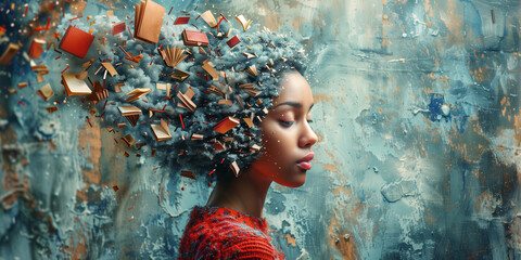 Woman surrounded by books, creative mind, exploding brain full of ideas and imagination, education concept, world book day

