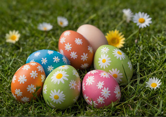 Fototapeta na wymiar Row of Easter Eggs with Daisy on Fresh Green Grass