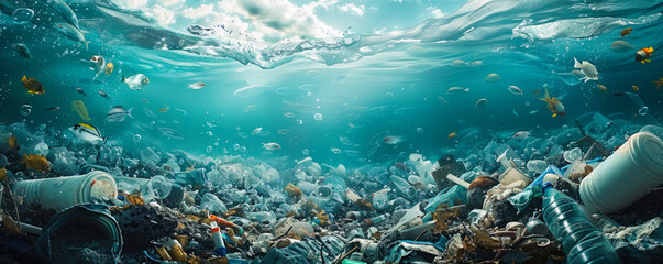 Fototapeta na wymiar Underwater view of ocean pollution with plastic waste and discarded trash affecting marine life, highlighting the environmental issue of water contamination